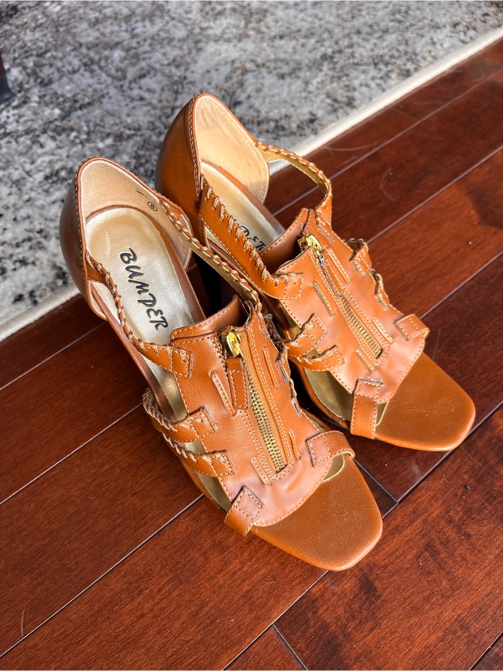Bumper Cognac Strappy Leather Heels with Center Zipper